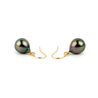Deep Green Drop Tahitian Pearl Dangle Earrings on 14K Yellow Gold