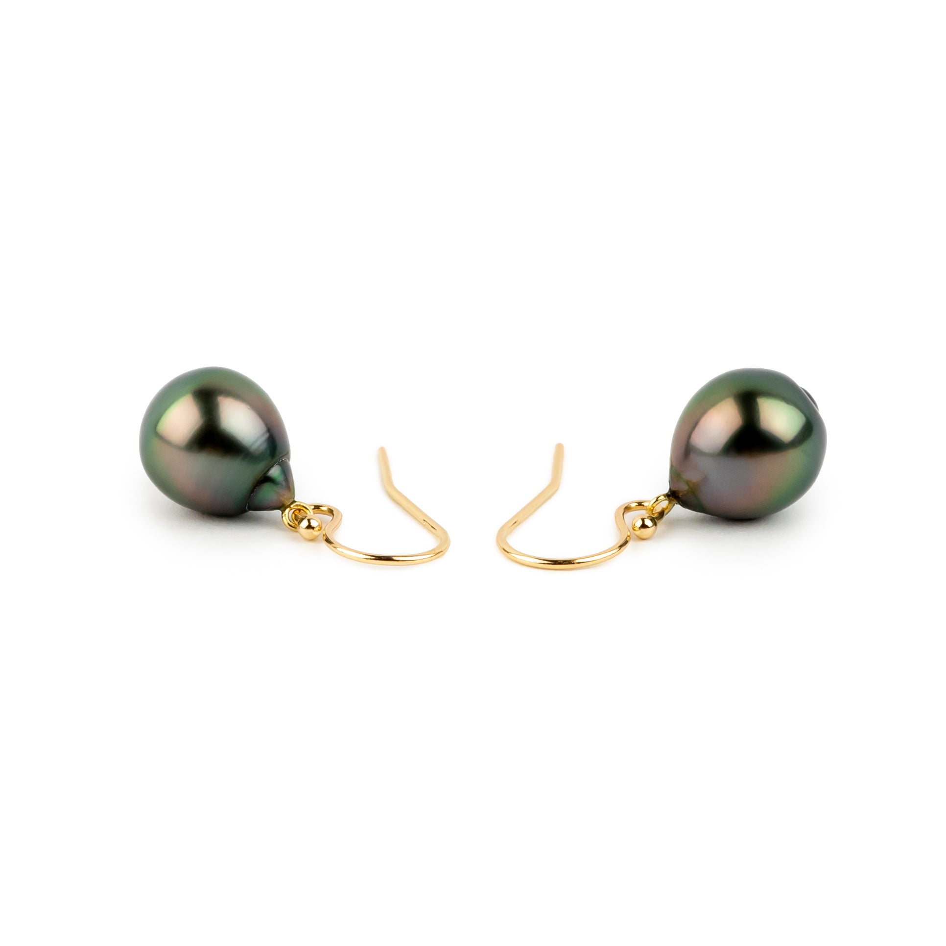 Deep Green Drop Tahitian Pearl Dangle Earrings on 14K Yellow Gold