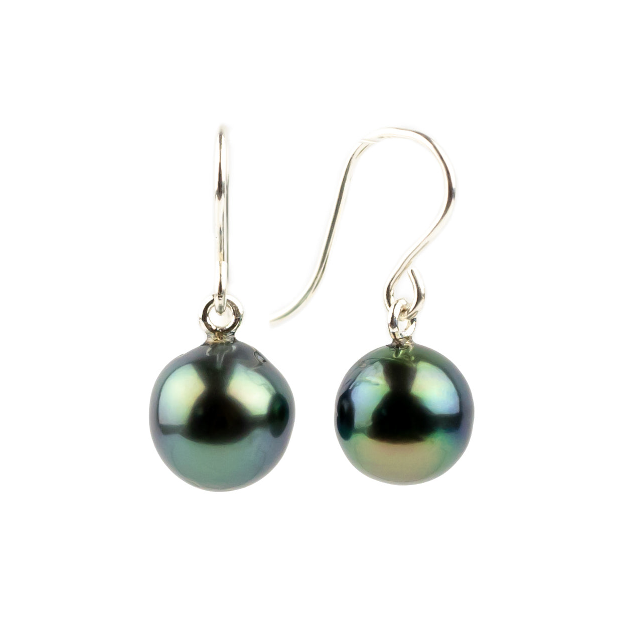 Deep Blue Green Tahitian Pearl Dangles on Sterling Silver