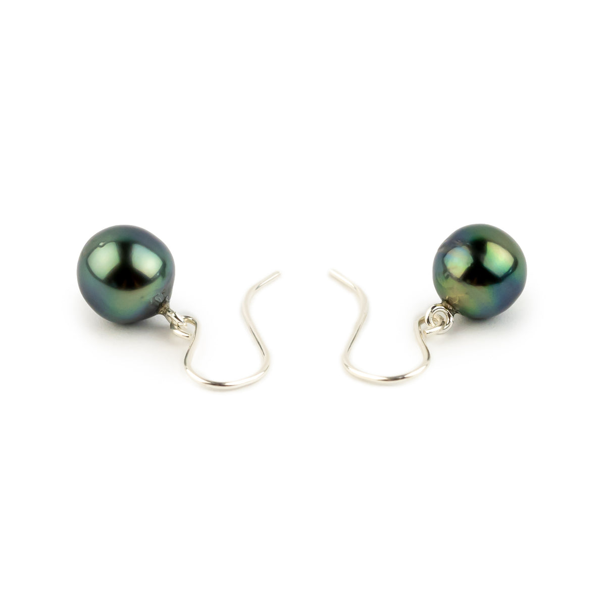 Deep Blue Green Tahitian Pearl Dangles on Sterling Silver