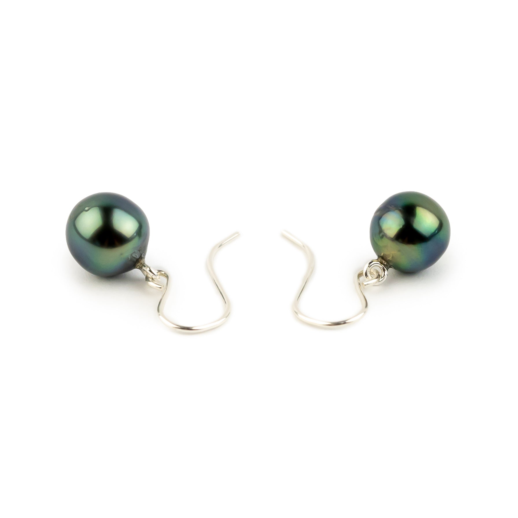 Deep Blue Green Tahitian Pearl Dangles on Sterling Silver