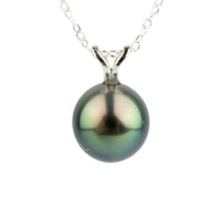 Blue-Green Peacock 9.2mm Tahitian Pearl I'a Necklace on Sterling Silver