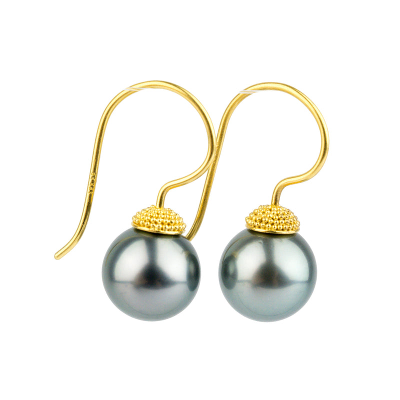 18K Bali Silvery Blue Tahitian Pearl Hook Earrings