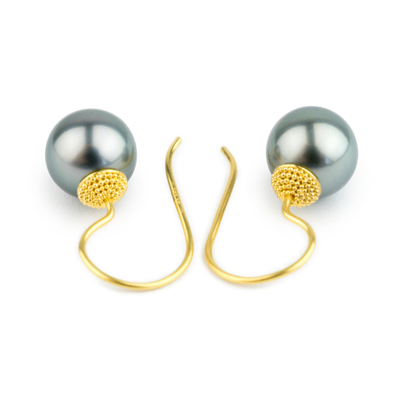 18K Bali Silvery Blue Tahitian Pearl Hook Earrings