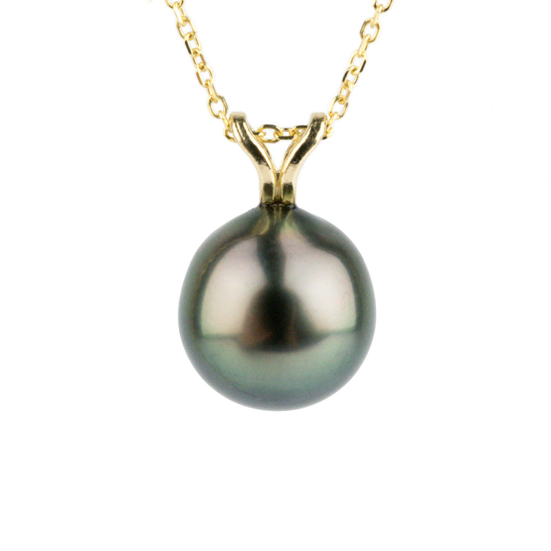 Peacock Green 9.5mm Tahitian Pearl I'a Necklace on 14K Yellow Gold