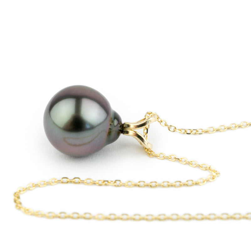Tropical Midnight 9.5mm Tahitian Pearl I'a Necklace on 14K Yellow Gold