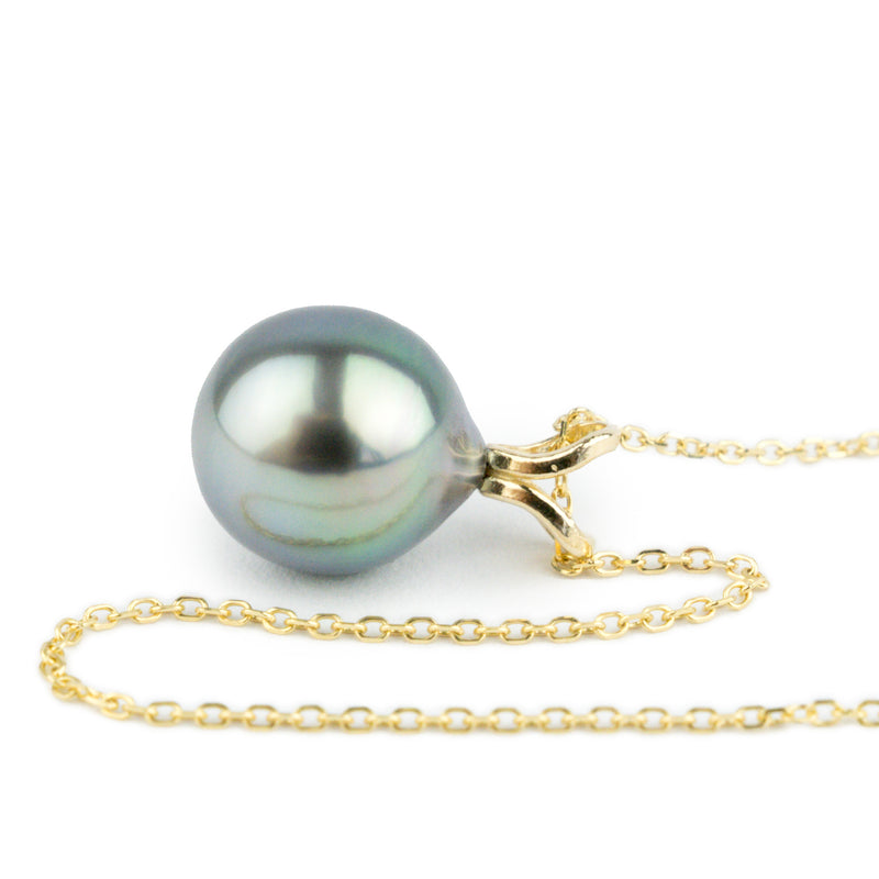Sky Blue 9.5mm Tahitian Pearl I'a Necklace on 14K Yellow Gold