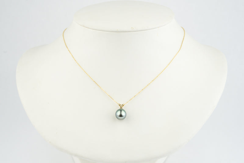 Sky Blue 9.5mm Tahitian Pearl I'a Necklace on 14K Yellow Gold