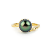 Indigo Peacock 8.7mm Tahitian Pearl Swirl Ring on 14k Yellow Gold