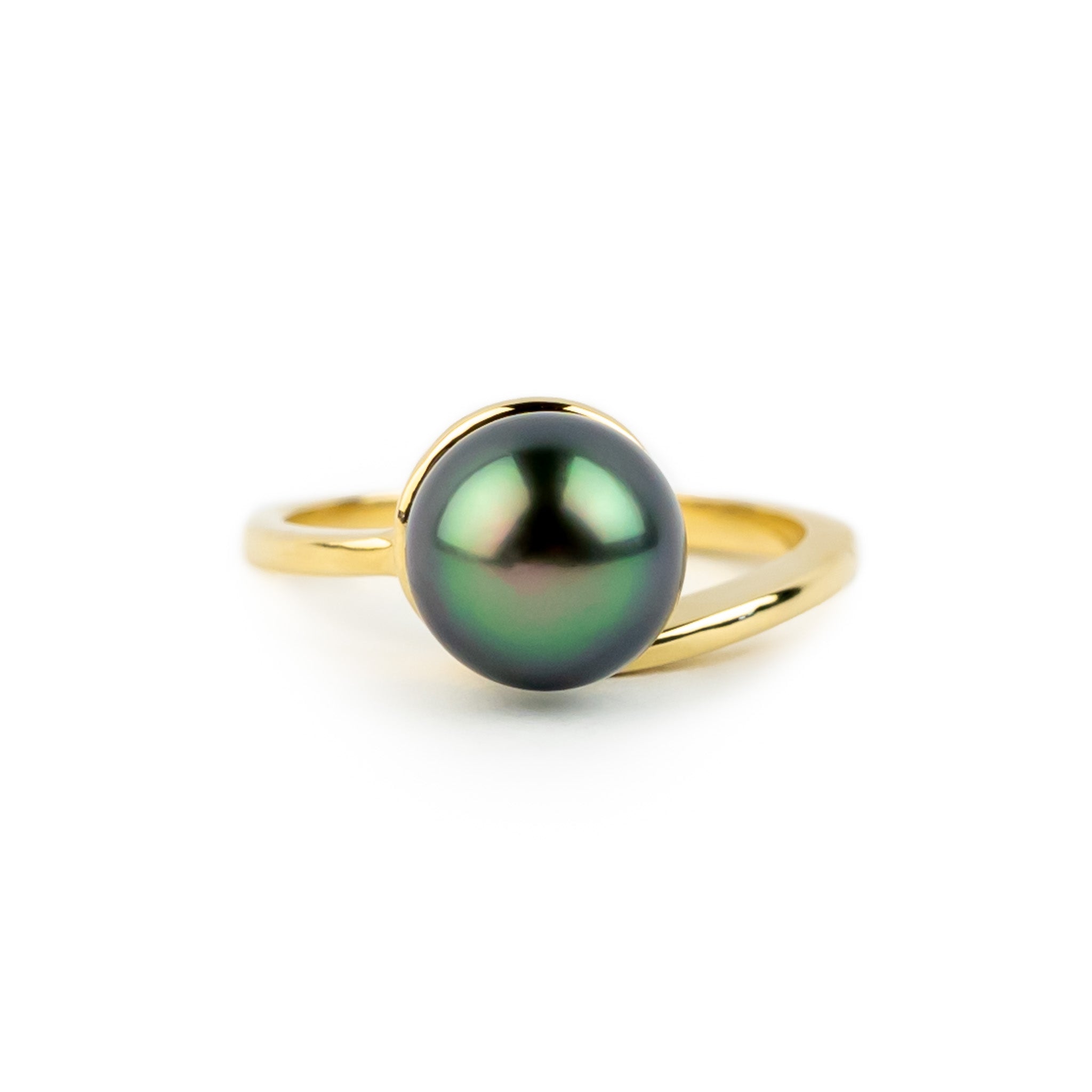 Indigo Peacock 8.7mm Tahitian Pearl Swirl Ring on 14k Yellow Gold