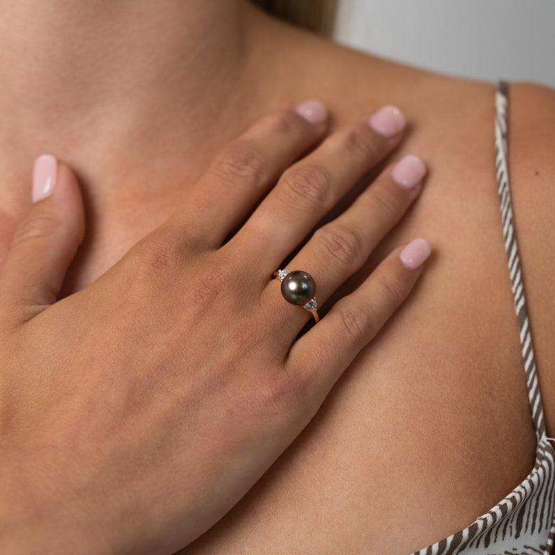 Tahitian Pearl & Diamond Bisou Ring on 14K Yellow Gold