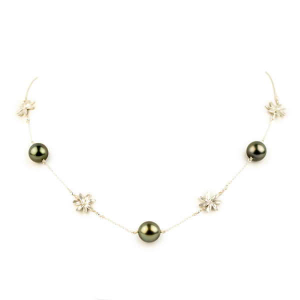 Golden Green Tiaré Tin-Cup Tahitian Pearl Necklace on Sterling Silver