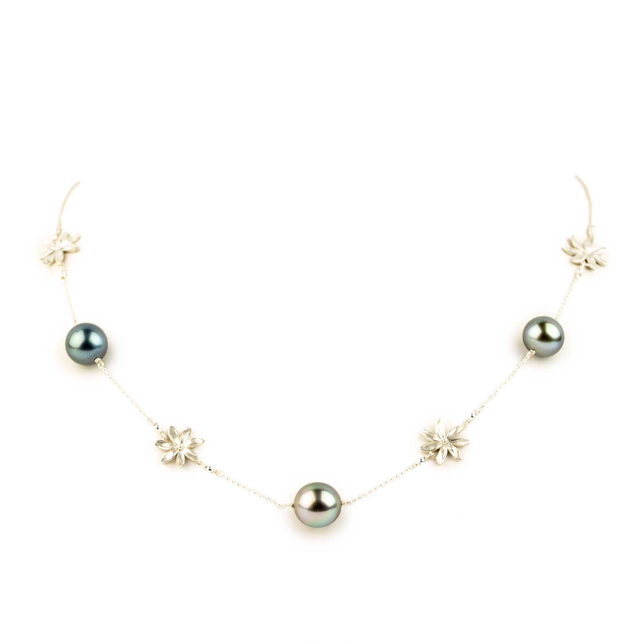 Dreamy Blue Tiaré Tin-Cup Tahitian Pearl Necklace on Sterling Silver