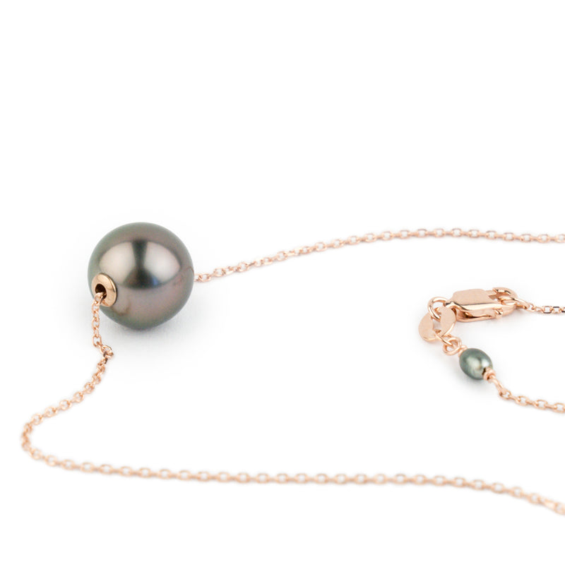 Aubergine Green 9.5mm Tahitian Pearl Solitaire Necklace on 14K Rose Gold