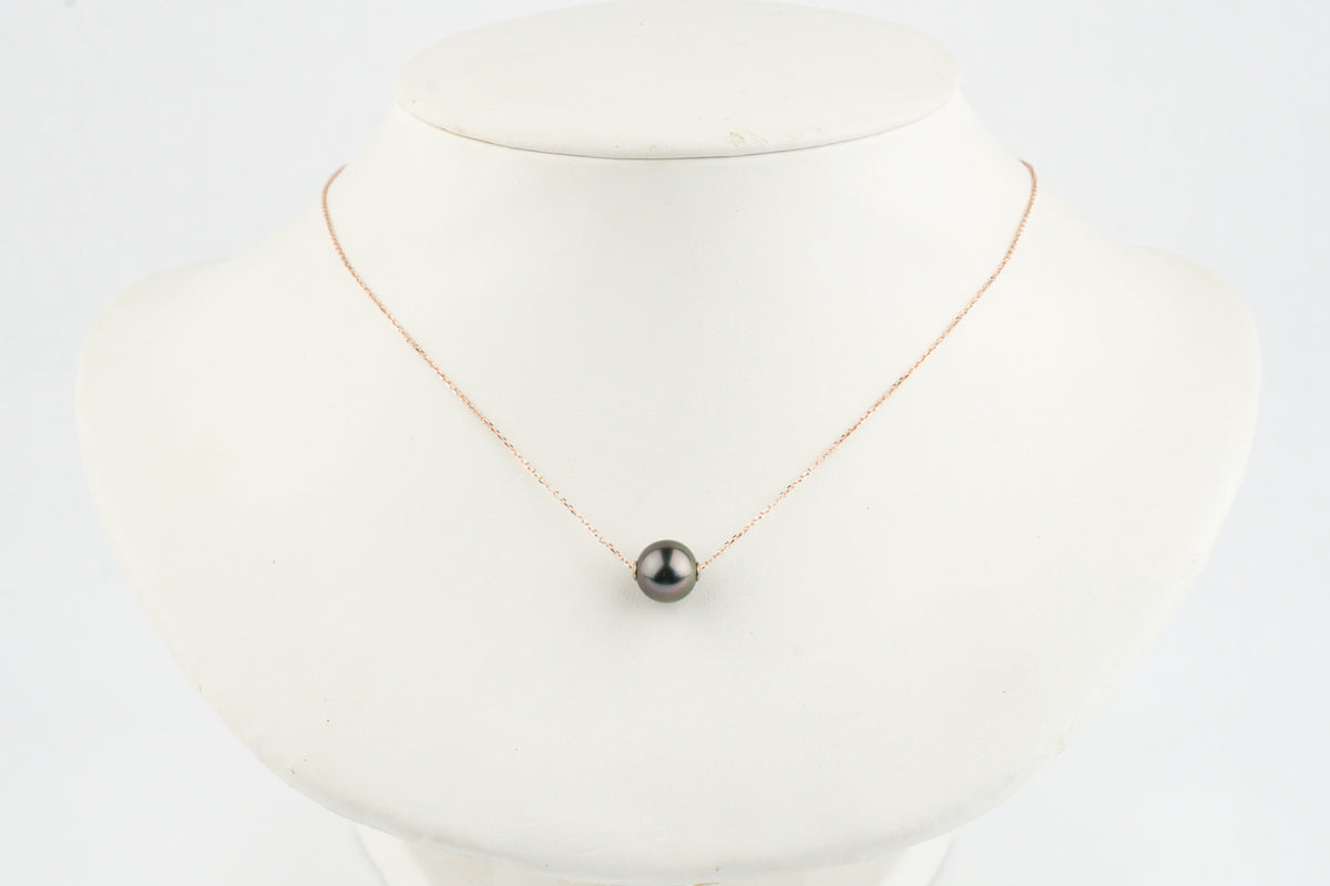Aubergine Green 9.5mm Tahitian Pearl Solitaire Necklace on 14K Rose Gold