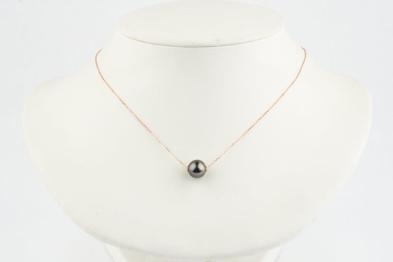 Aubergine Green 9.5mm Tahitian Pearl Solitaire Necklace on 14K Rose Gold