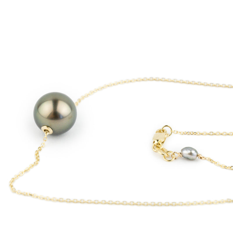 Golden Green 10mm Pearl Solitaire Necklace on 14K Yellow Gold