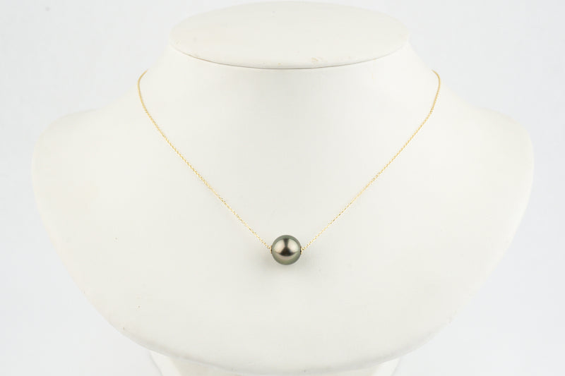 Golden Green 10mm Pearl Solitaire Necklace on 14K Yellow Gold