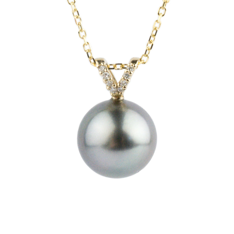 Lavender Blue Tahitian Pearl & Diamond Hoa Necklace on 14K Yellow Gold