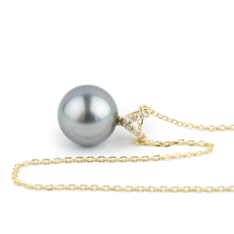 Lavender Blue Tahitian Pearl & Diamond Hoa Necklace on 14K Yellow Gold