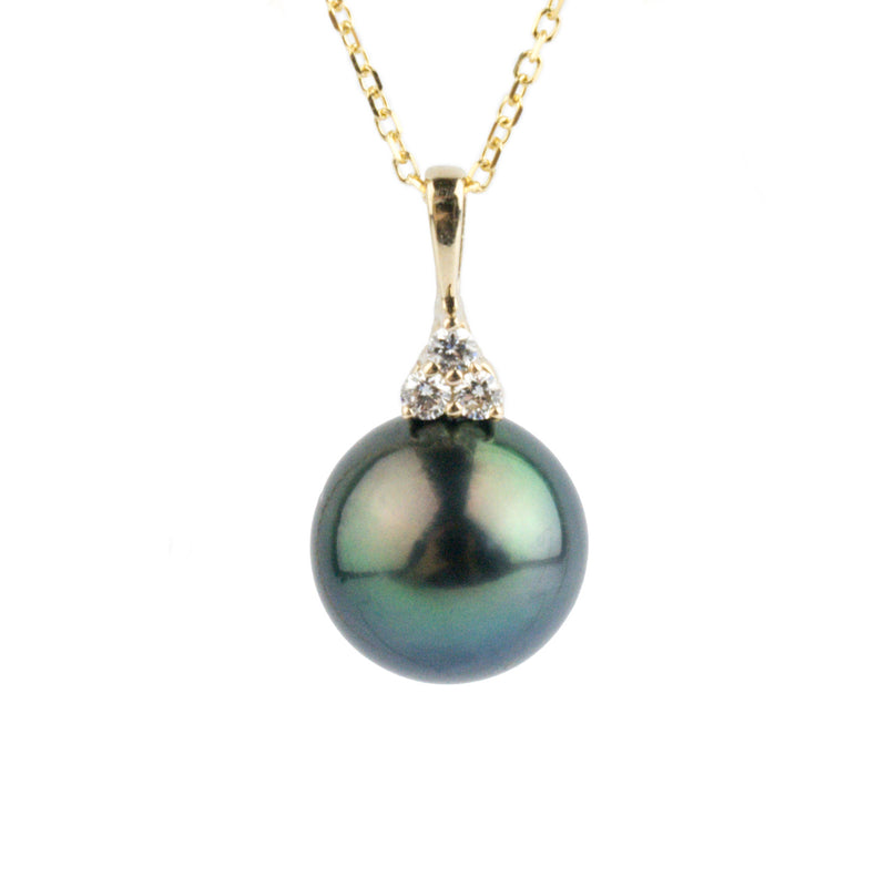 Indigo Peacock Tahitian Pearl & Diamond Toru Necklace on 14K Yellow Gold