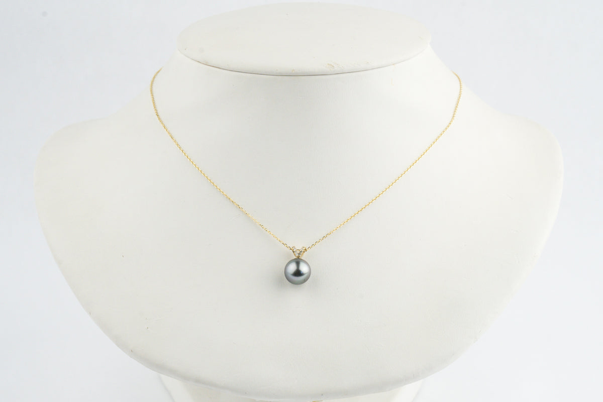 Lavender Blue Tahitian Pearl & Diamond Hoa Necklace on 14K Yellow Gold