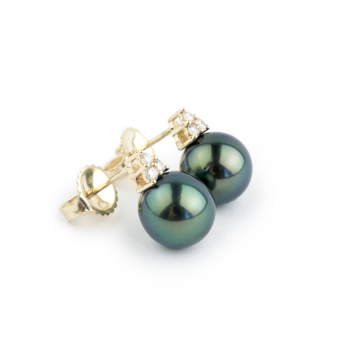 Indigo Peacock Tahitian Pearl & Diamond Toru Earrings on 14K Yellow Gold