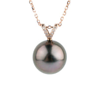 Aubergine Green Tahitian Pearl & Diamond Hoa Necklace on 14K Rose Gold