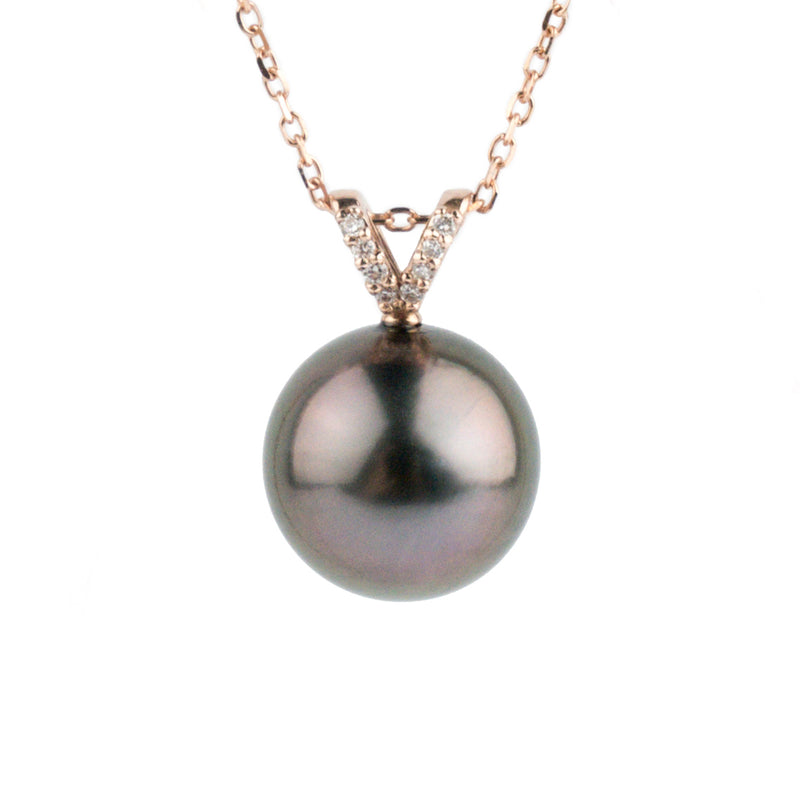 Aubergine Green Tahitian Pearl & Diamond Hoa Necklace on 14K Rose Gold
