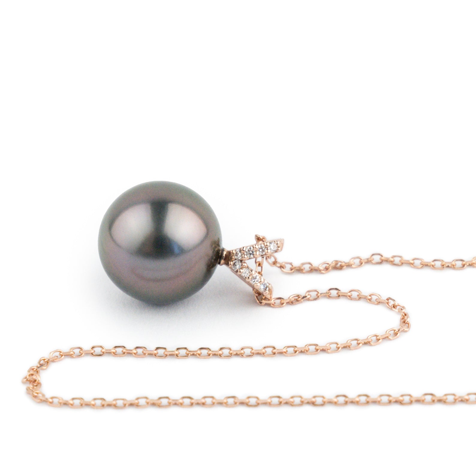 Aubergine Green Tahitian Pearl & Diamond Hoa Necklace on 14K Rose