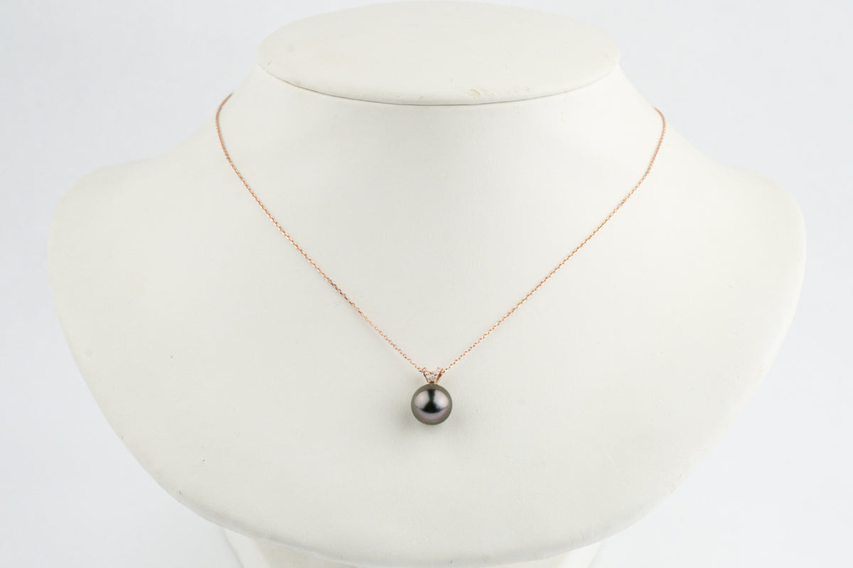 Aubergine Green Tahitian Pearl & Diamond Hoa Necklace on 14K Rose Gold