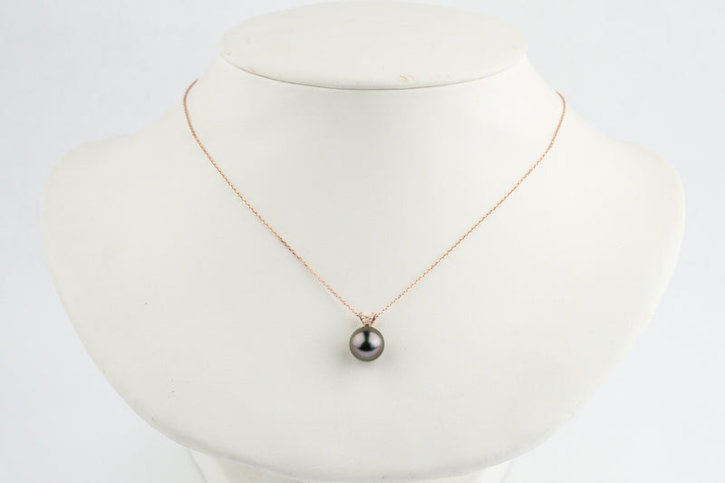 Aubergine Green Tahitian Pearl & Diamond Hoa Necklace on 14K Rose Gold