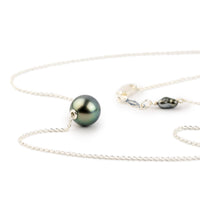 Silky Blue Green 9mm Tahitian Pearl Solitaire Necklace on Sterling Silver