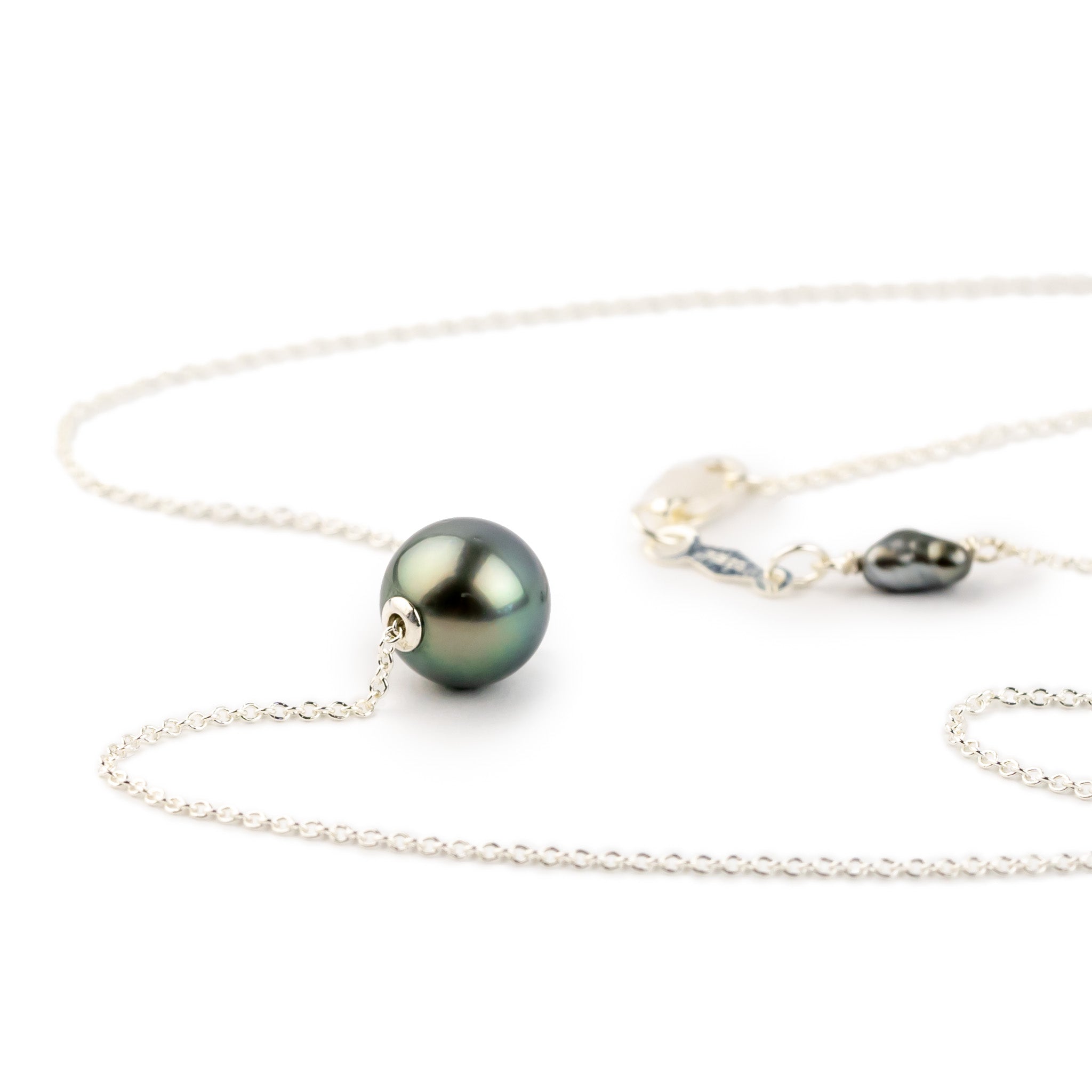 Silky Blue Green 9mm Tahitian Pearl Solitaire Necklace on Sterling Silver