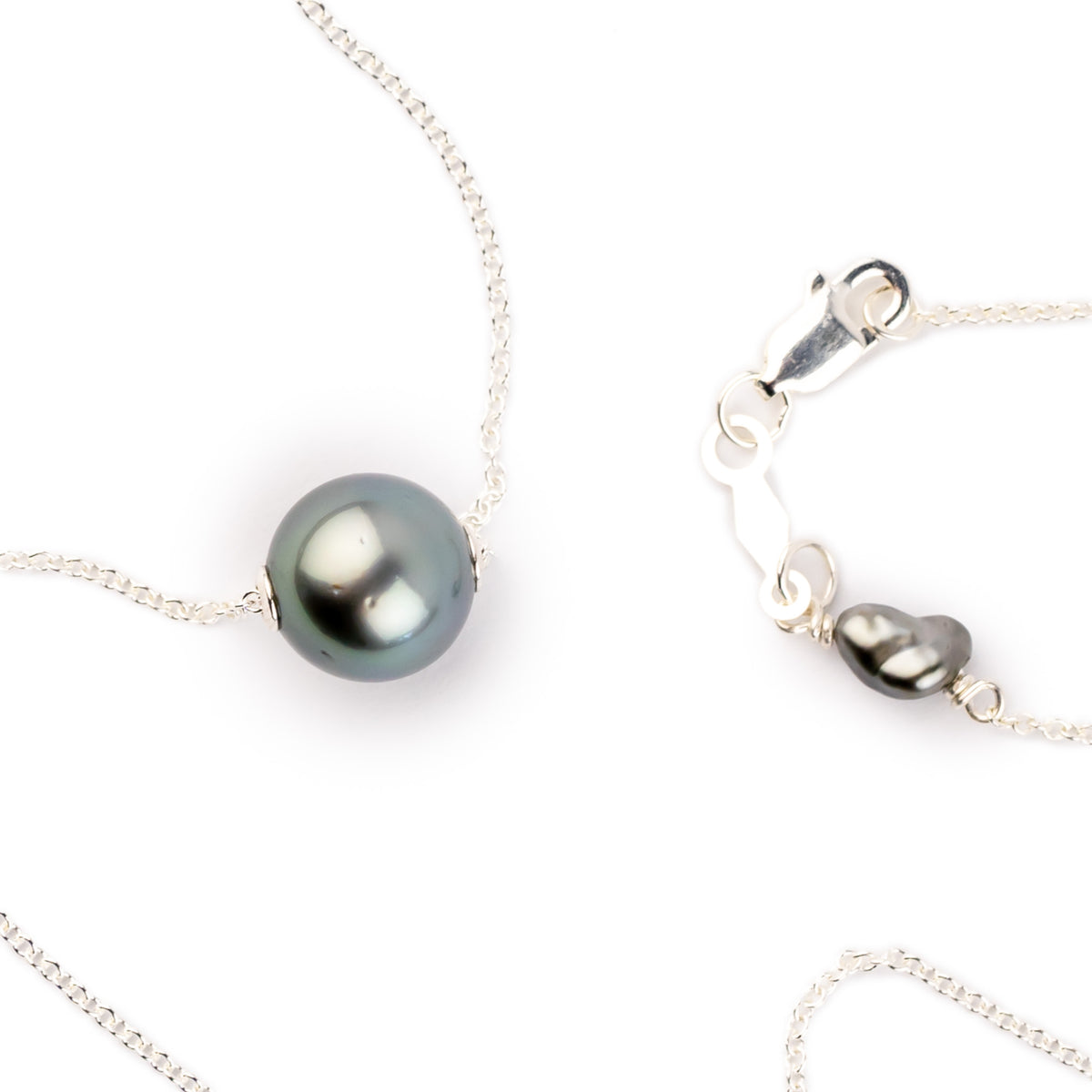 Silky Blue Green 9mm Tahitian Pearl Solitaire Necklace on Sterling Silver