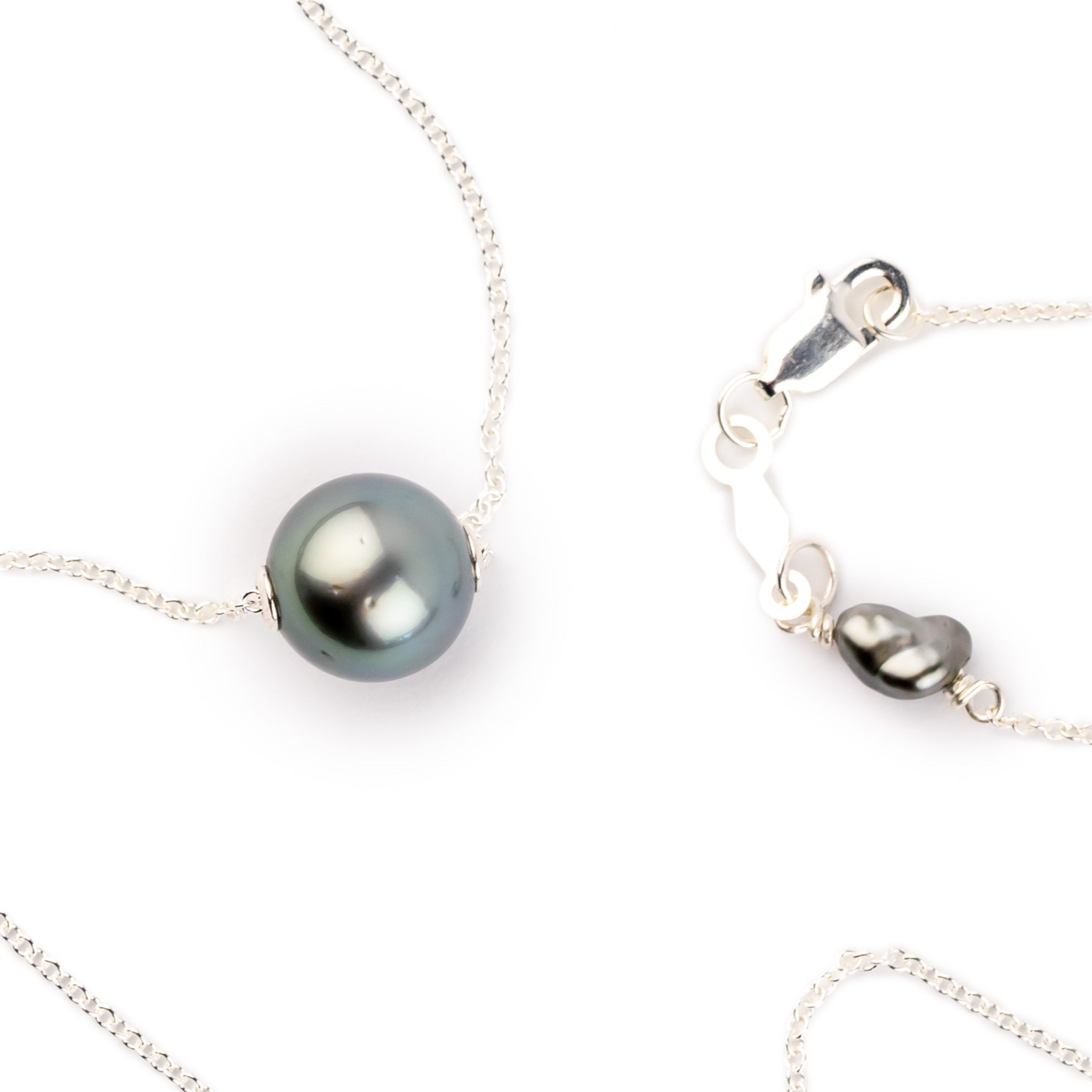 Silky Blue Green 9mm Tahitian Pearl Solitaire Necklace on Sterling Silver