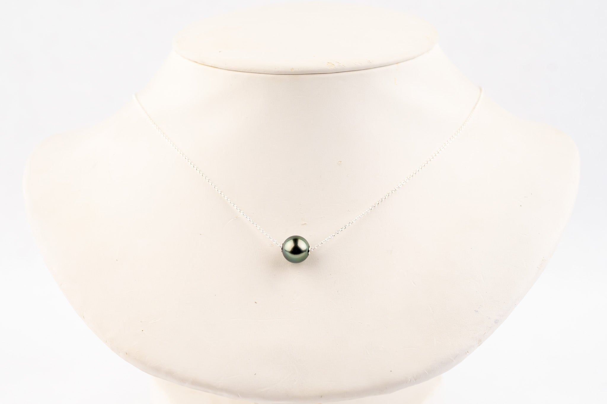 Silky Blue Green 9mm Tahitian Pearl Solitaire Necklace on Sterling Silver