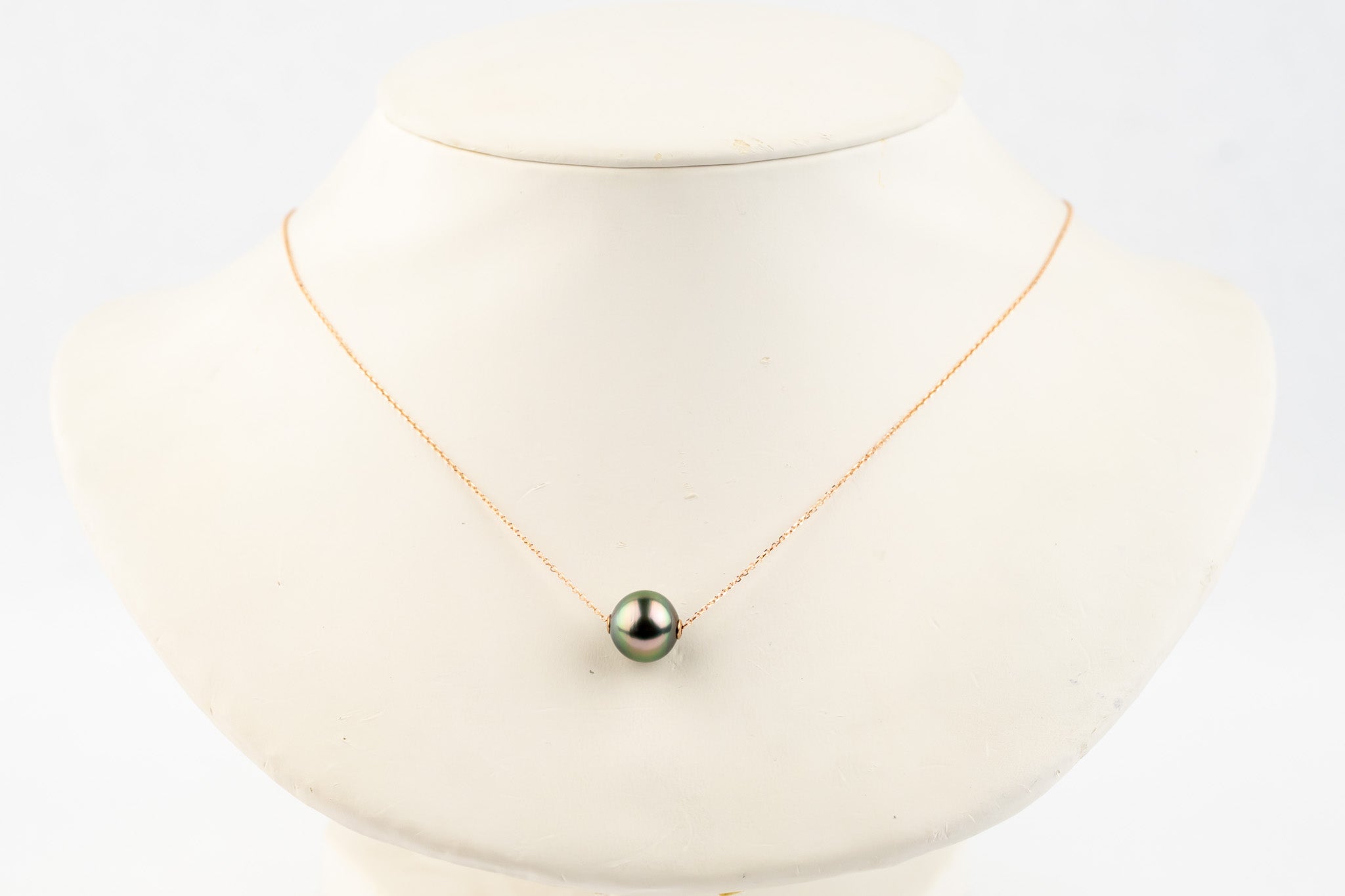 Glossy Pink Green 10.2mm Pearl Solitaire Necklace on 14K Rose Gold