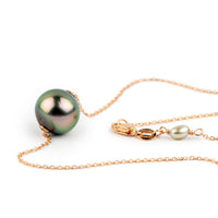 Glossy Pink Green 10.2mm Pearl Solitaire Necklace on 14K Rose Gold