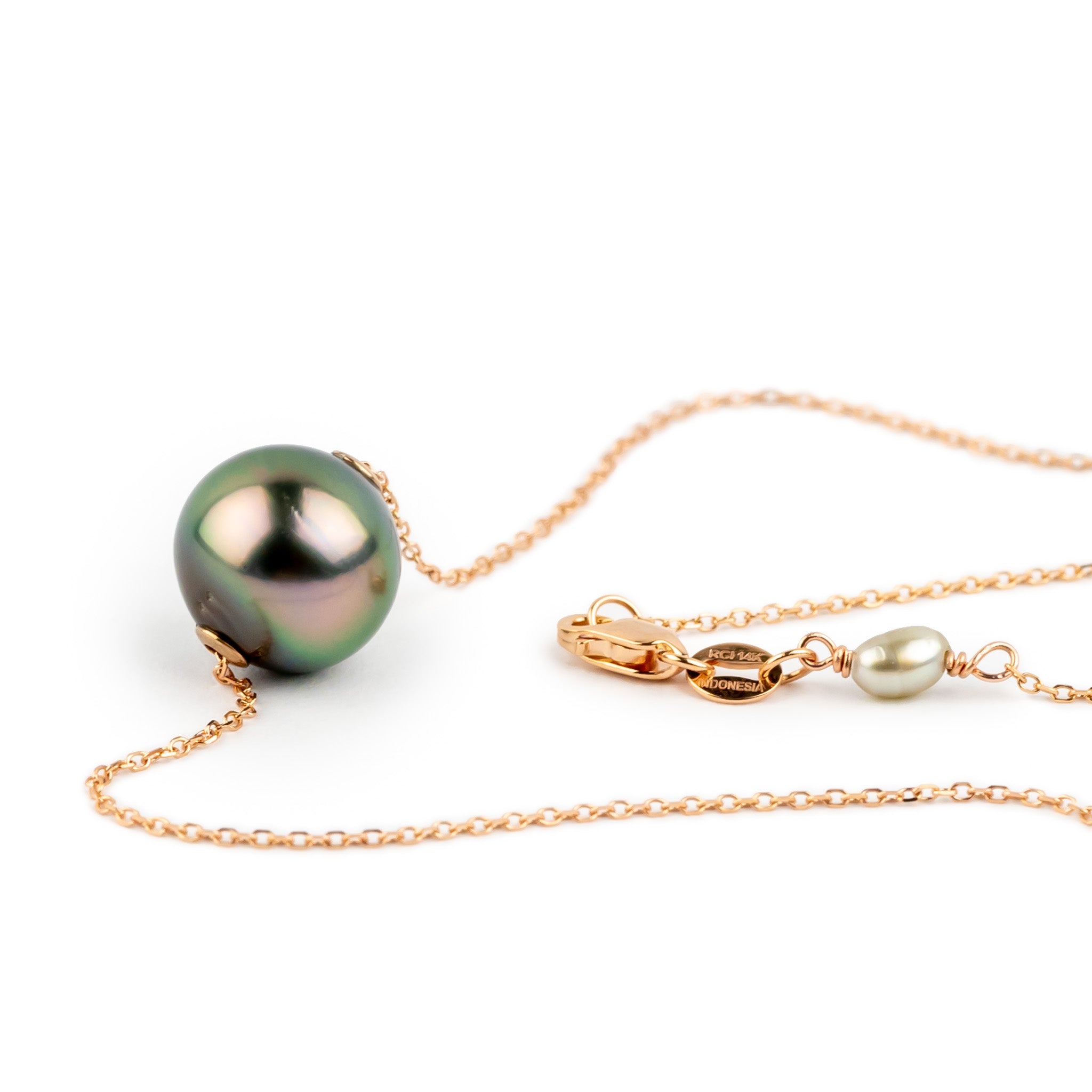 Glossy Pink Green 10.2mm Pearl Solitaire Necklace on 14K Rose Gold