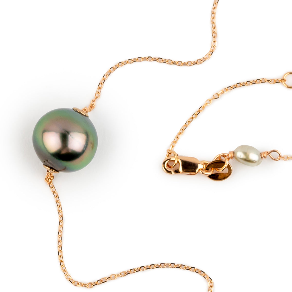 Glossy Pink Green 10.2mm Pearl Solitaire Necklace on 14K Rose Gold