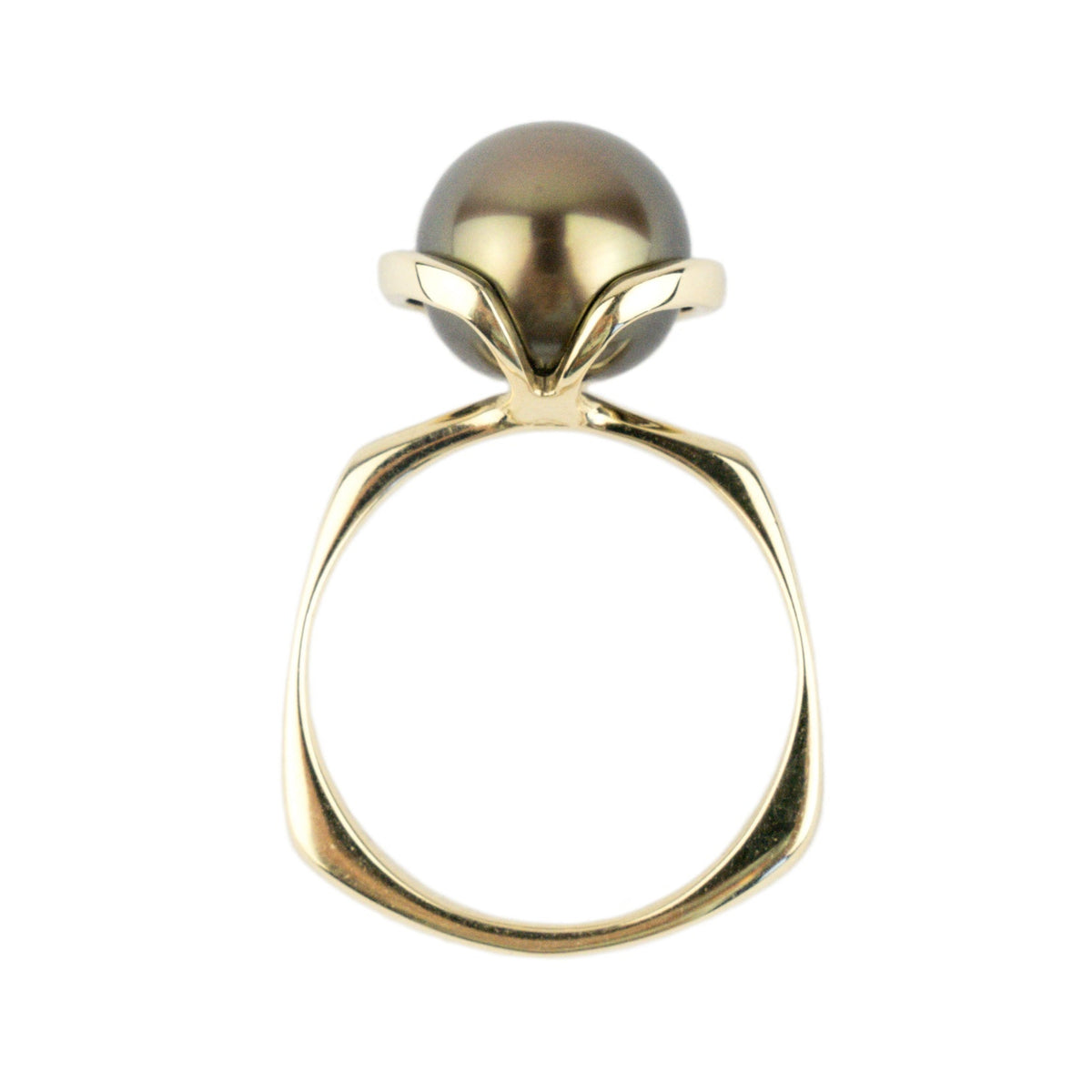 Gold ring with a large black pearl on a white background