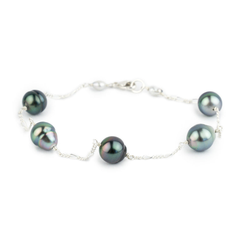 Multi Colorful Circled Tahitian Pearl Tin Cup Bracelet on Sterling Silver