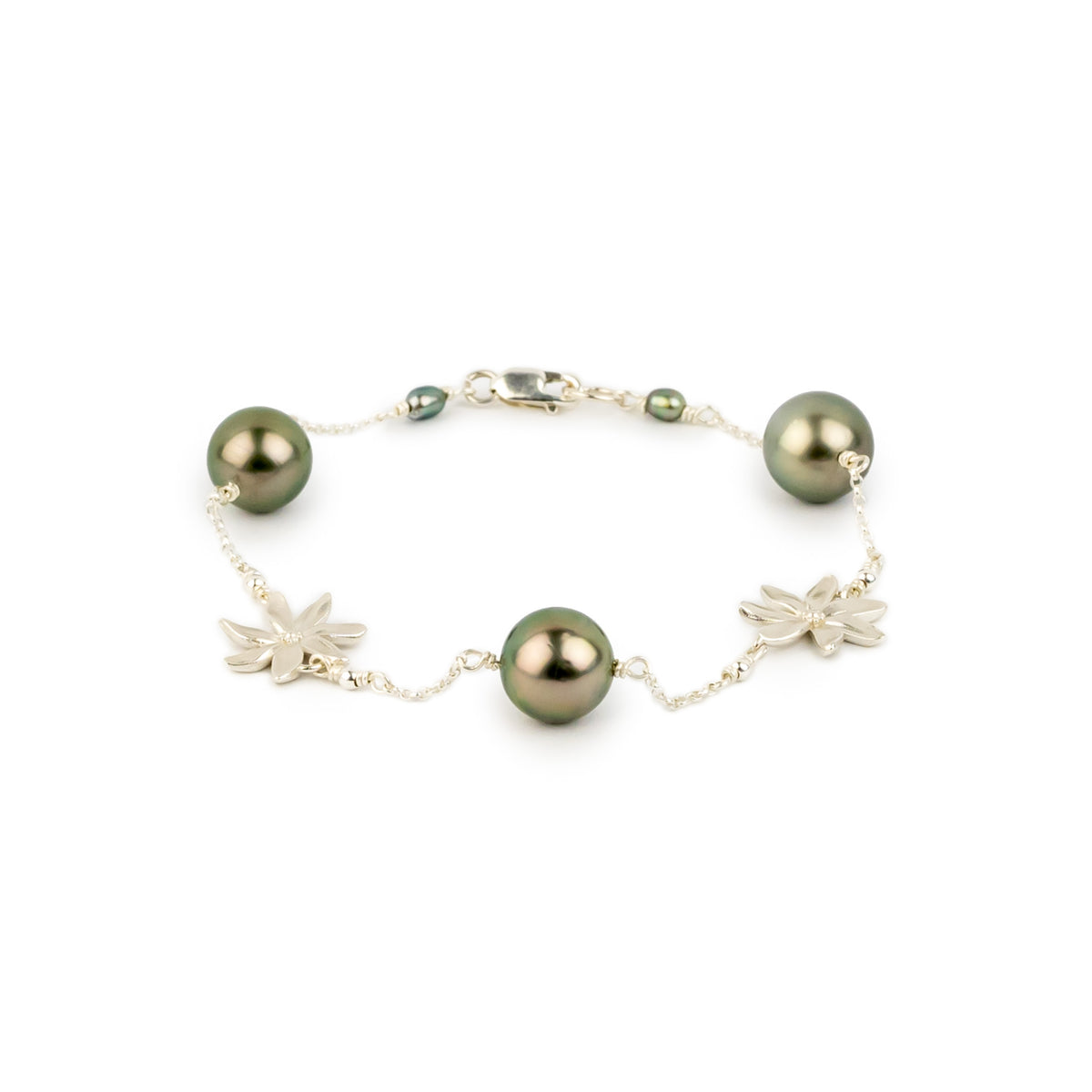 Soft Pink Green Tiaré Tahitian Pearl Tin Cup Bracelet on Sterling Silver