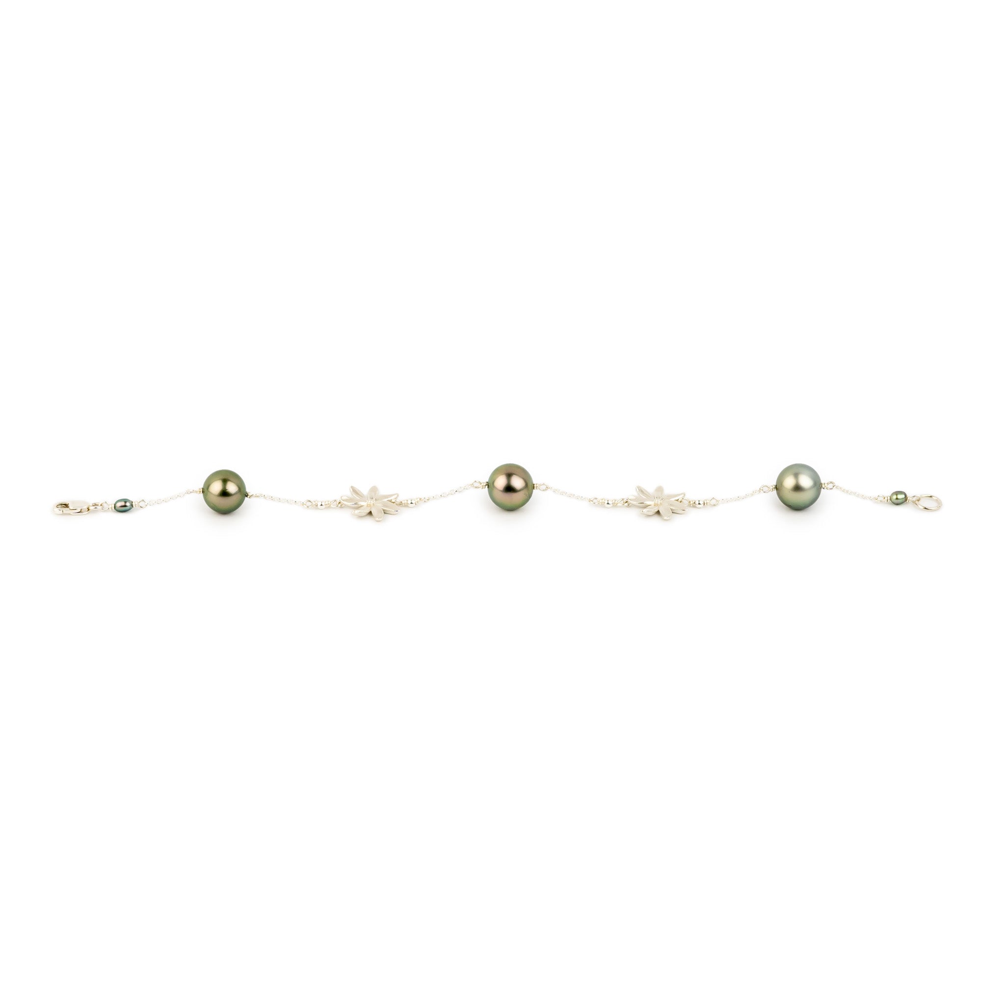 Soft Pink Green Tiaré Tahitian Pearl Tin Cup Bracelet on Sterling Silver