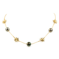 Forest Green Flash Tiaré Tin-Cup Tahitian Pearl Necklace on 14k Yellow Gold