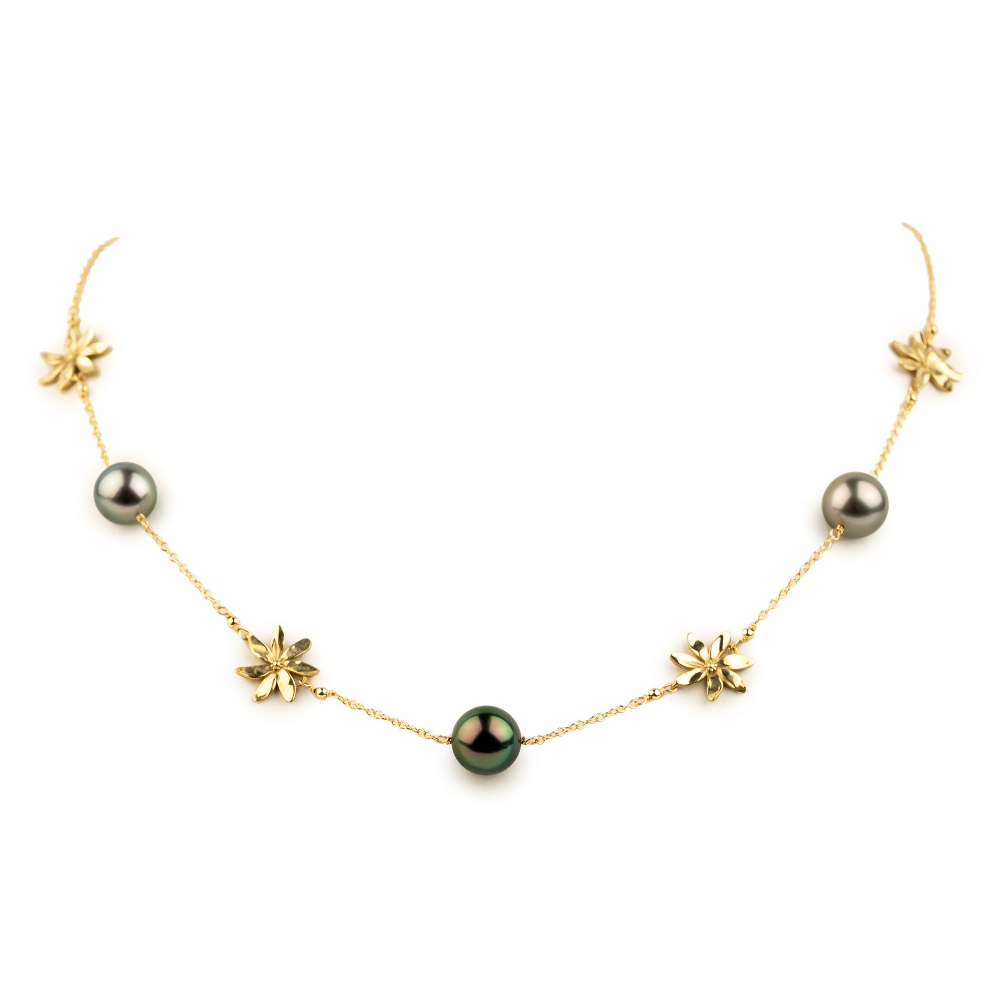 Forest Green Flash Tiaré Tin-Cup Tahitian Pearl Necklace on 14k Yellow Gold