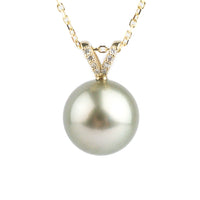 Light Golden Green Tahitian Pearl & Diamond Hoa Necklace on 14K Yellow Gold