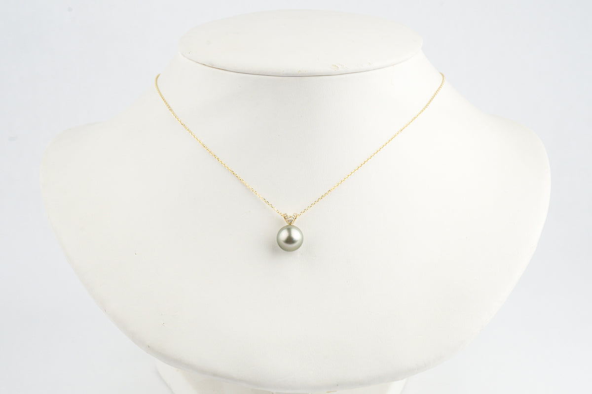 Light Golden Green Tahitian Pearl & Diamond Hoa Necklace on 14K Yellow Gold