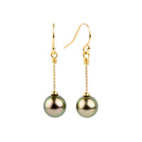 Golden Pink Green Tahitian Pearl Chain Dangle Earrings on 14K Yellow Gold